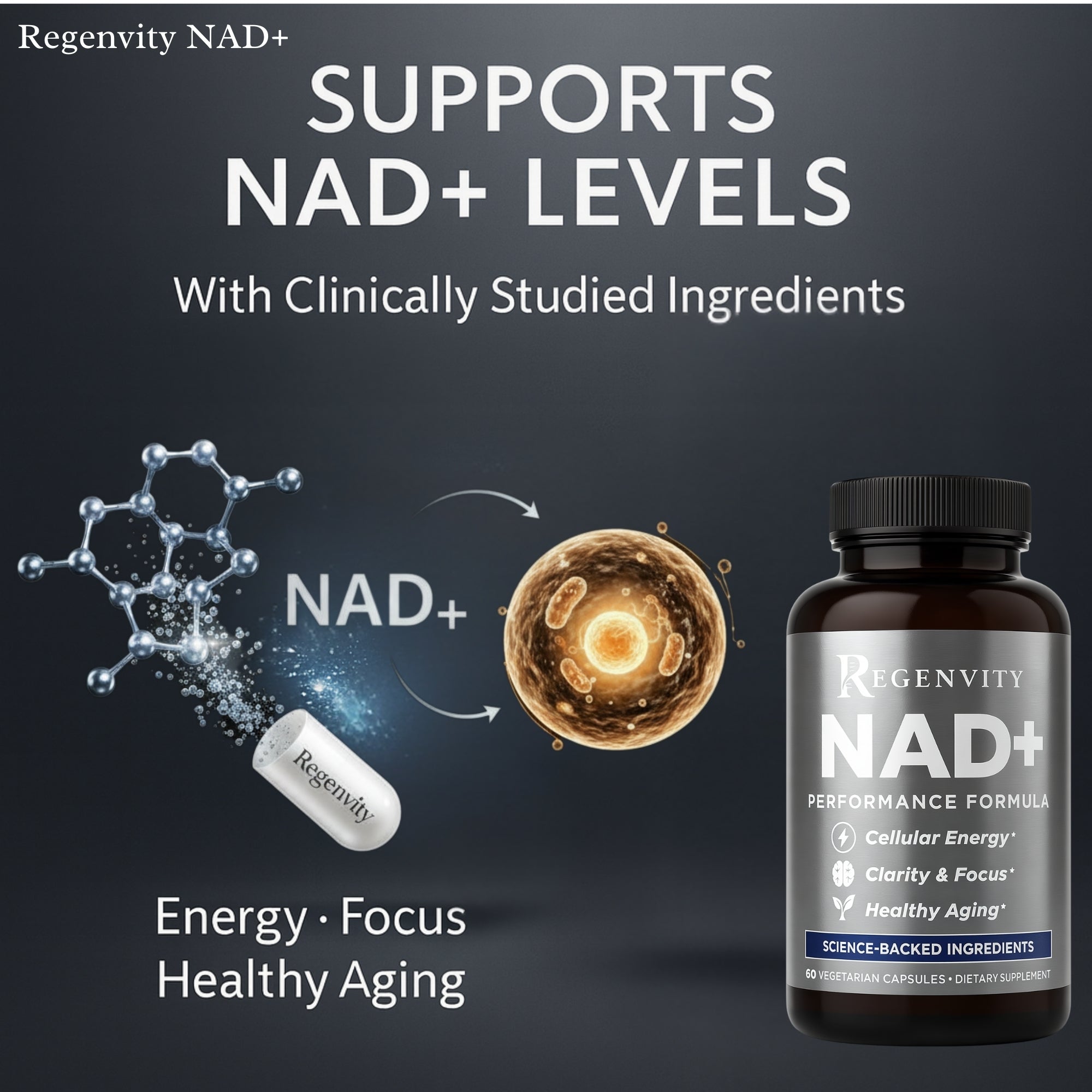 Regenvity NAD+ Performance Formula – Cellular Energy, Clarity & Focus, Healthy Aging Supplement – 60 Vegan Capsules for Active Adults